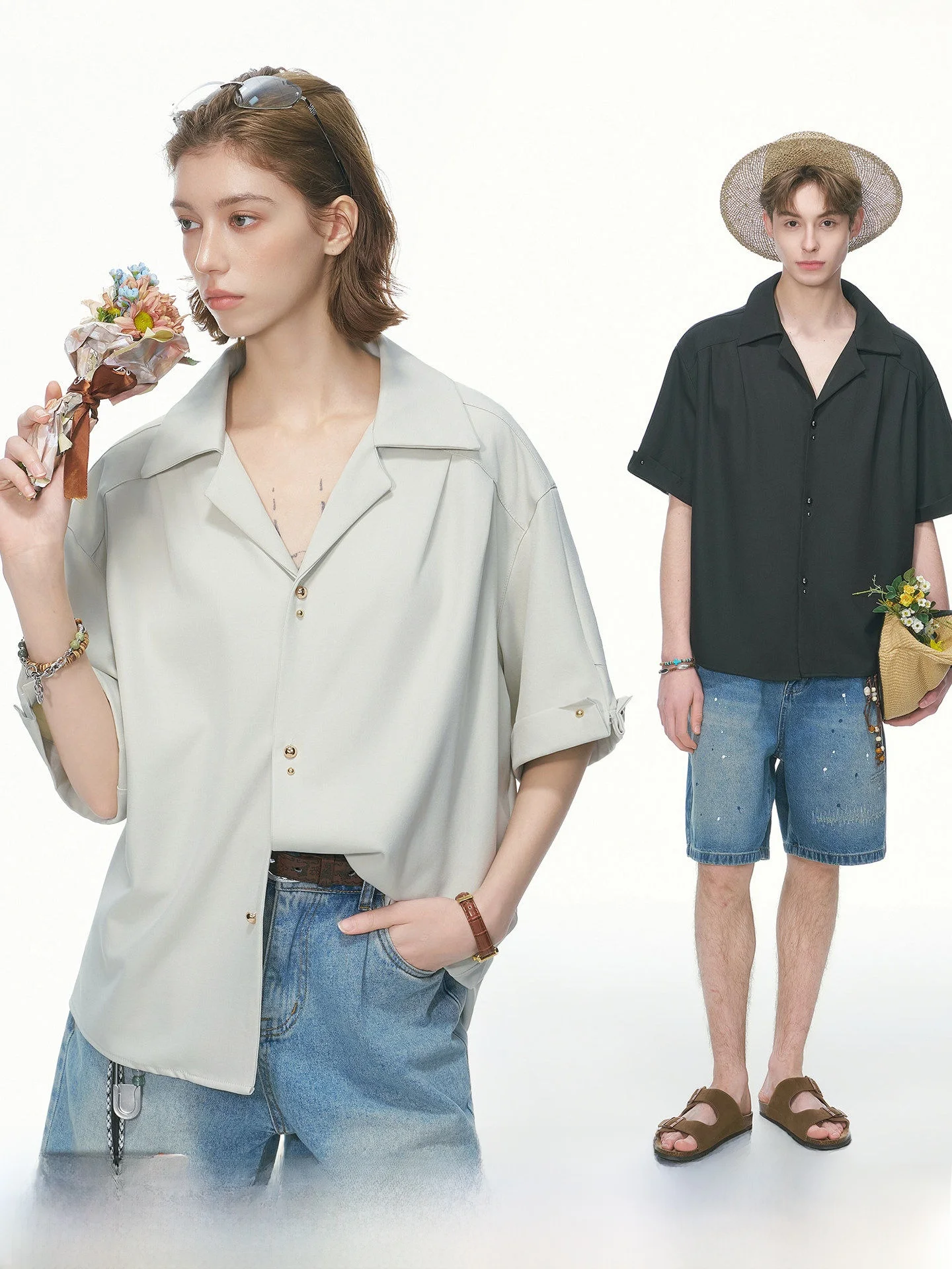 

Short Sleeve Cuban Collar Shirt Men's Summer Fashion Casual Breathable Polyester Blend Loose Fit Style Youth Popular