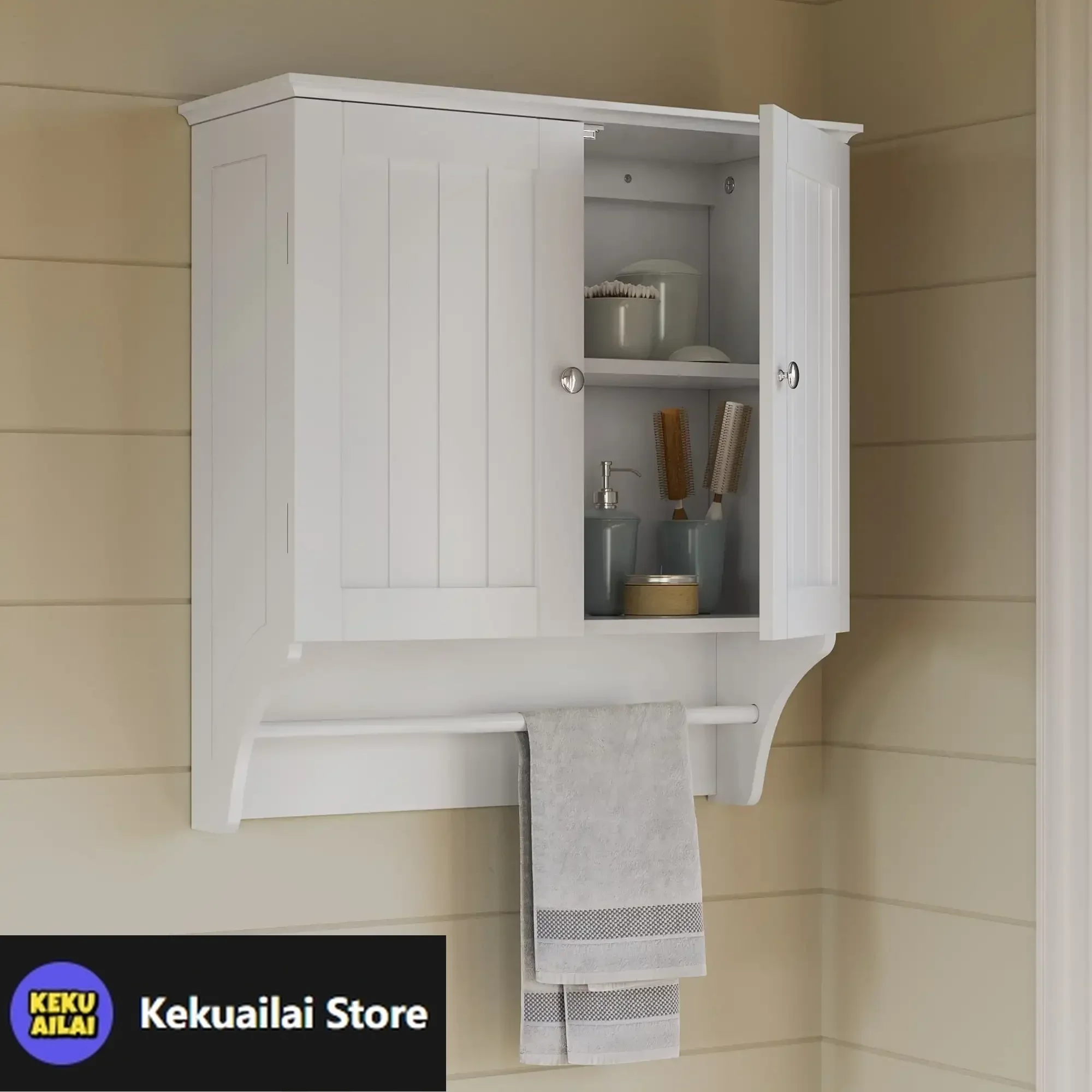 

Ashland Two-Door Bathroom and Laundry Wall Mount Storage Medicine Cabinet with Towel Bar - White
