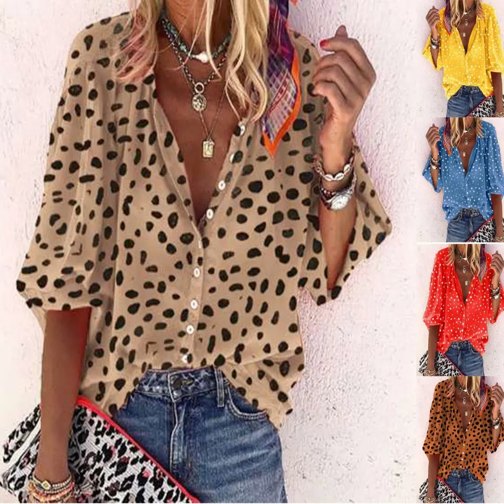 

Женская повседневная рубашка с леопардовым принтом и коротким рукавом, весна-лето 2021, топ с воротником для Amazon eBay