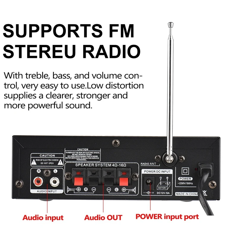 BT-298A 미니 오디오 파워 앰프 키트, 자동차 가정용 블루투스 디지털 오디오 리시버, AMP FM 라디오, EU 플러그, 2CH 300W + 300W, 1 세트