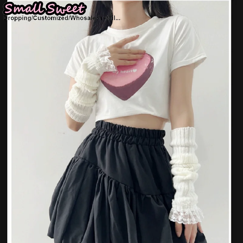 تنوعا y2k الفتيات لوليتا jk القوط المرأة محبوك غطاء الأكمام نصف إصبع الغزل مدفئات للذراع المعصم الأصفاد الدانتيل تكدرت قفازات