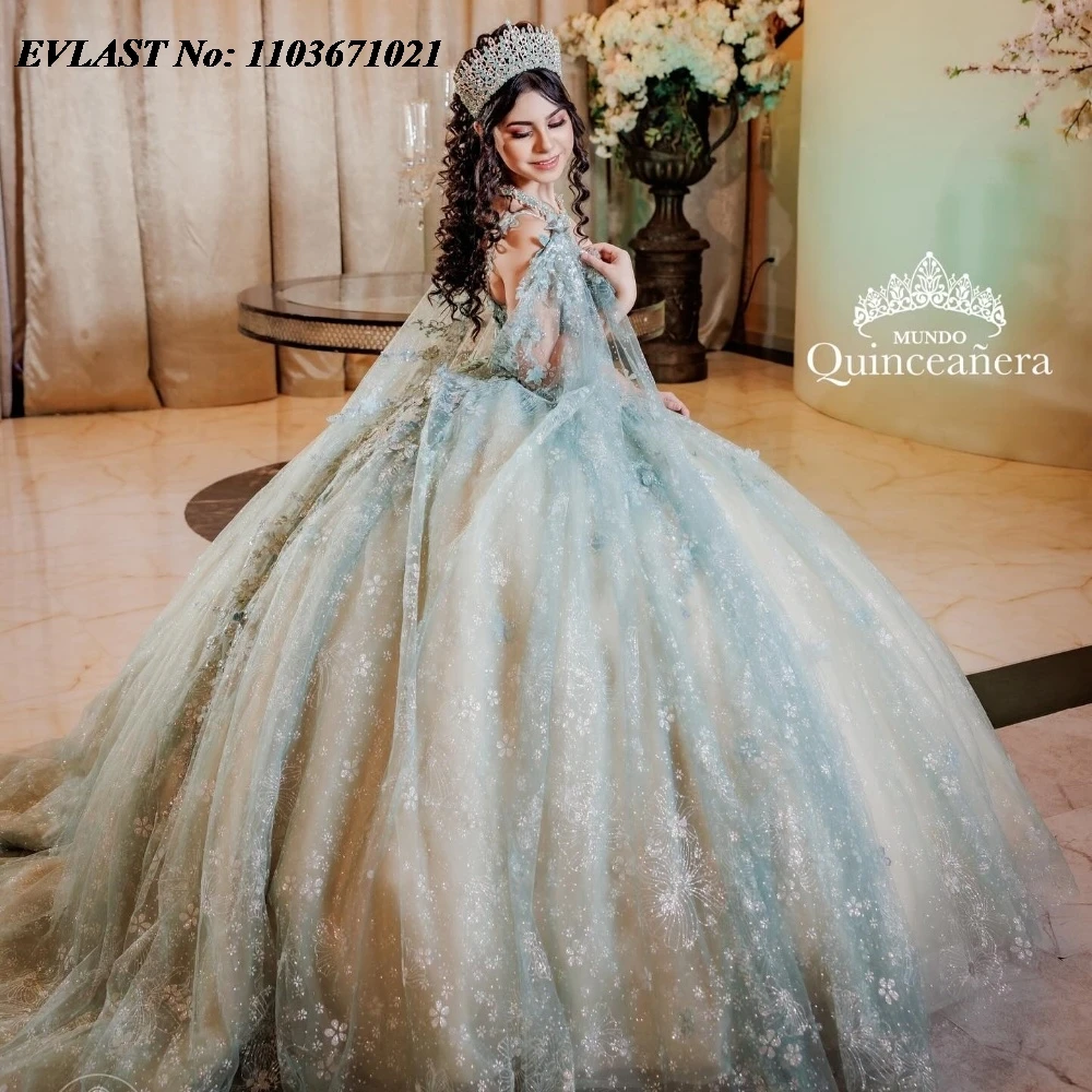 Evlast personalizado hortelã champanhe quinceanera vestido de baile apliques miçangas capa espartilho doce 16 vestidos de 15 anos sq699