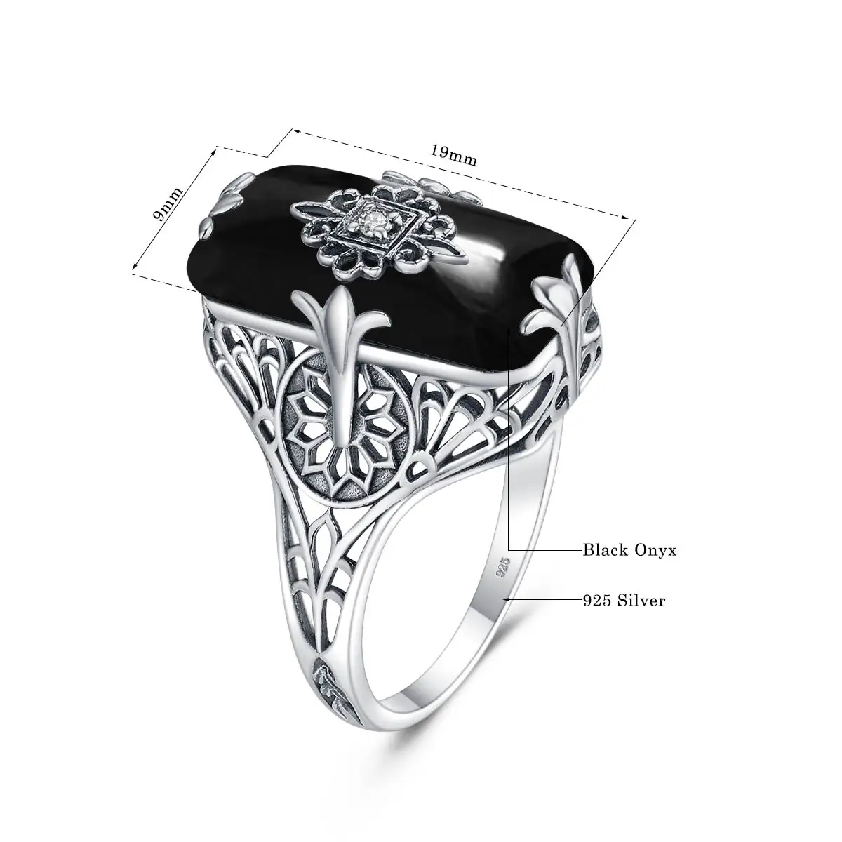 Szjinao High Quality 925 Sterling Silver Woman Rings Black Onyx Ring Gemstone Party Banquet Gift Vintage Filigree Trend Jewelry