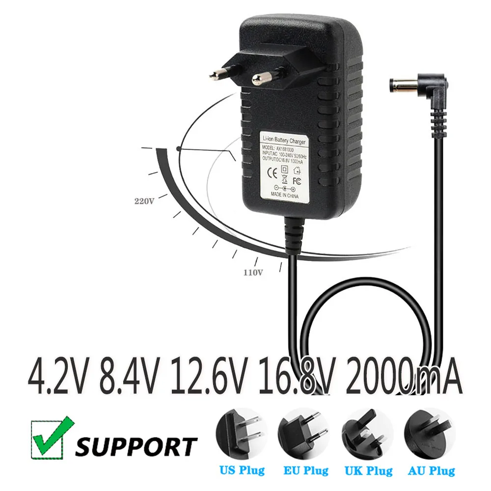 4.2V 8.4V 12.6V 16.8V 2000mA Charge DC Power Adapter AC 100-240V Supply Lithium Battery Charger Transformer for 18650 Battery