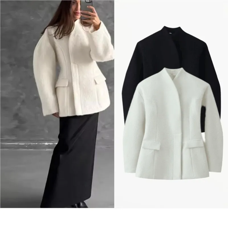 

Женские шерстяные пальто, новая весенняя мода, элегантная верхняя одежда с искусственными карманами, повседневные свободные женские шикарные уличные куртки с закрытой талией