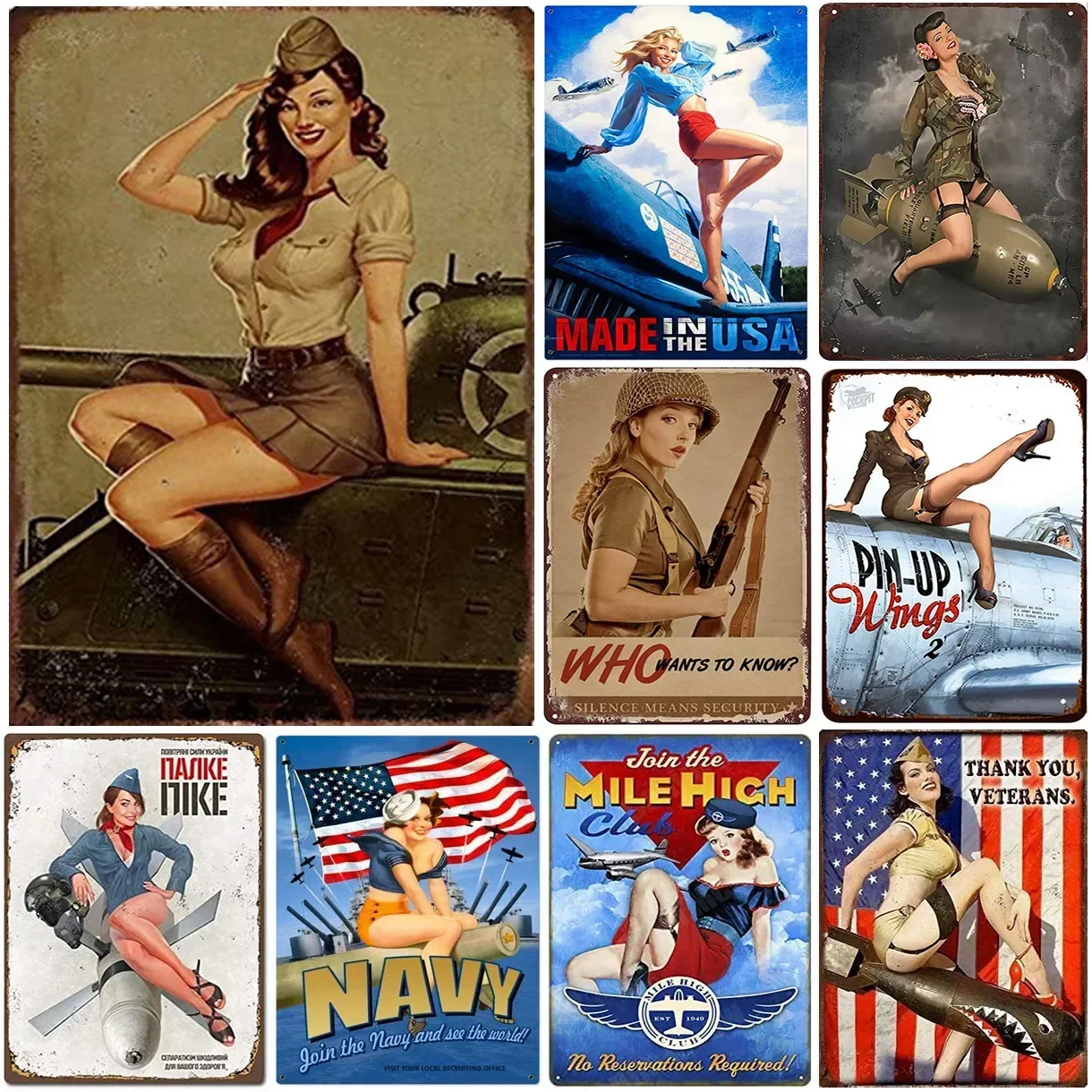 Military Pinup Girl Metal Tin Signs Vintage Navy Wall Posters Plaque Iron Painting Decoration for Garage Game Room Cafe Club Bar