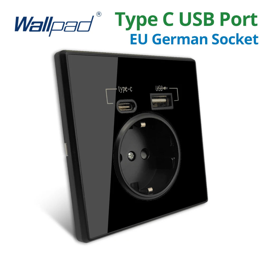 Gniazdko interfejsu typu C A Lustro akrylowe Panel kryształowy Czarna ściana UE Rosja Hiszpania Francuskie gniazdo z uchwytem USB 5V 2100mA