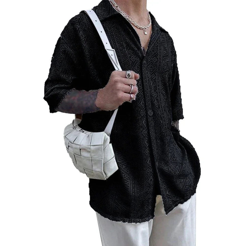 

Trendy Men's Middle Sleeve See Through Shirt Lace Design Clubwear Eye catching Transparent Tops Perfect for any Occasion