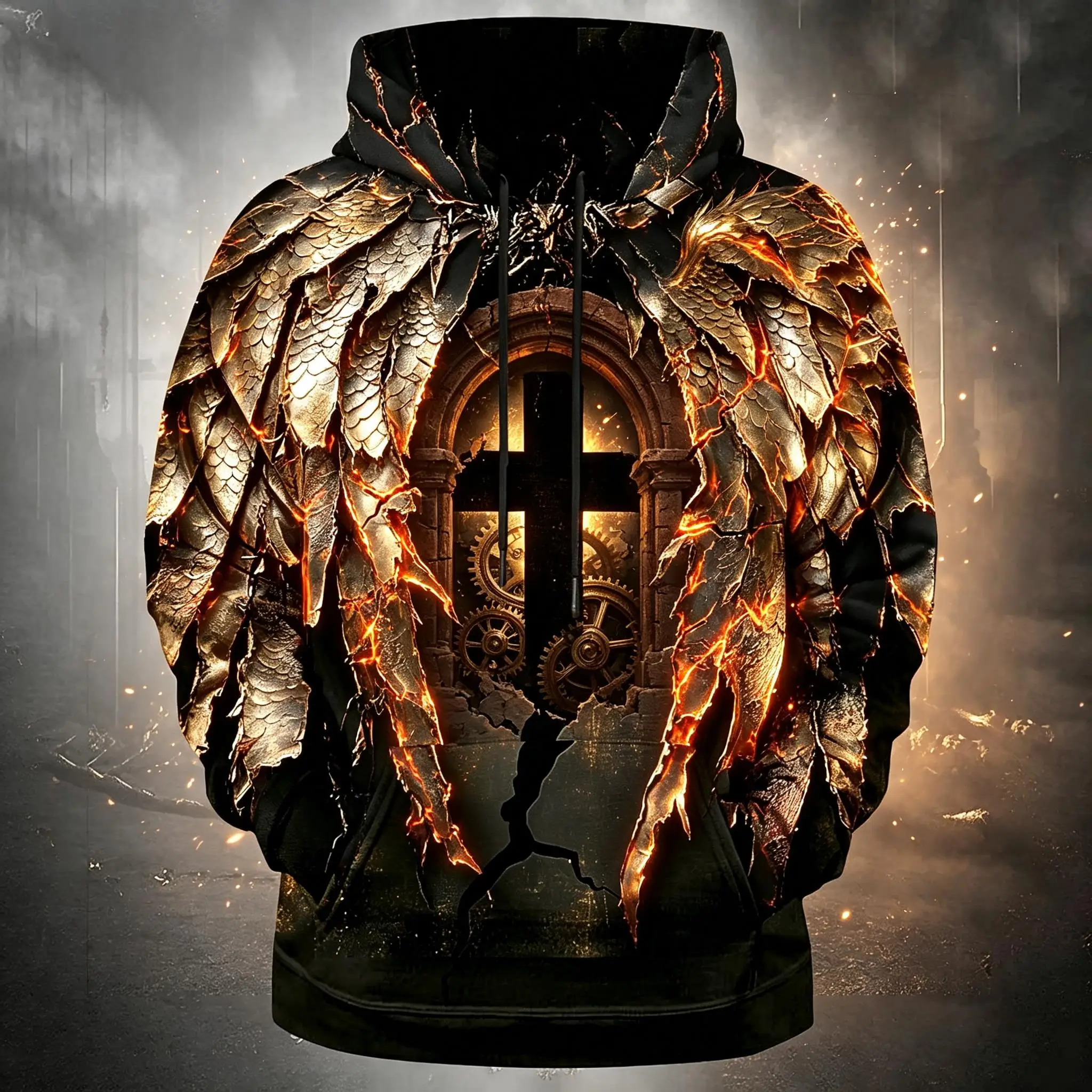 Men's Angel Wing Cross Cracked Arch Full Print Hoodie Halloween Gothic Long Sleeve Pullover Sweatshirt For Party Streetwear