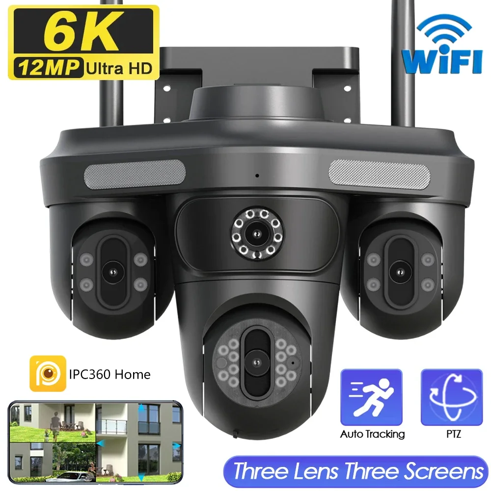 Ultra HD Wifi Surveillance Camera Three Screens Smart Home Wireless Outdoor CCTV 360° PTZ 12MP 6K Security IP Camera IPC360 app