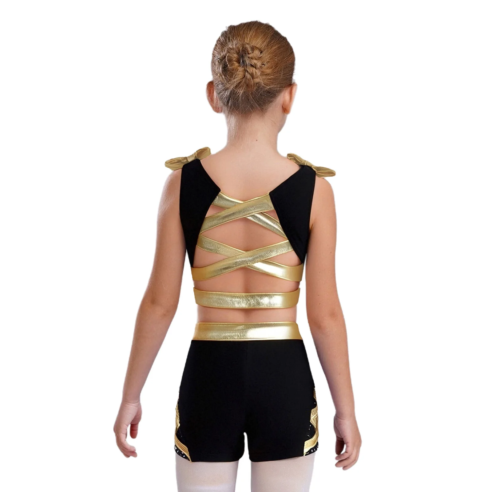 Girls Jazz Ballet Dance Gymnastics Outfits Shiny Rhinestones Sleeveless Metallic Vest Shorts for Cheerleading Stage Performance