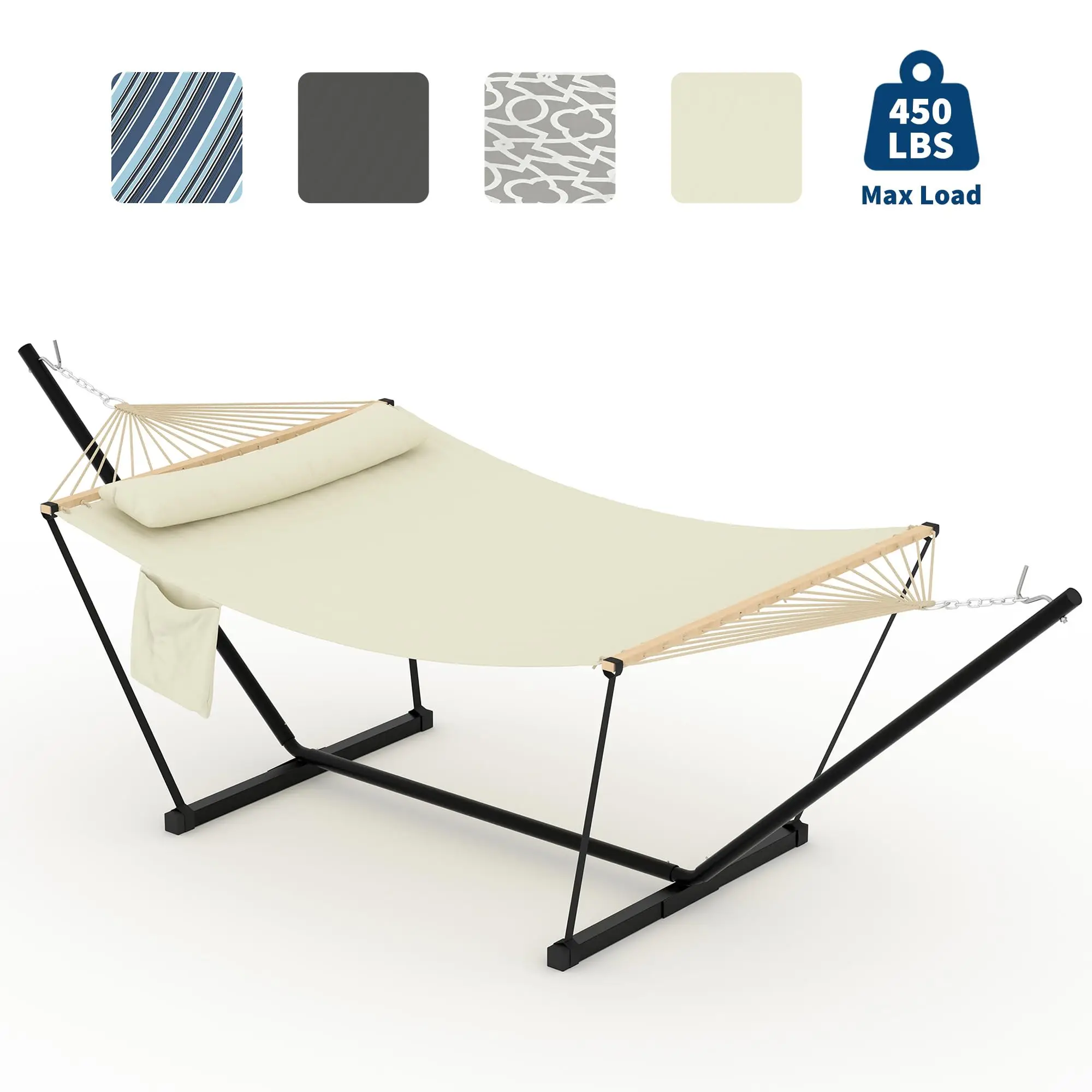 12FT Double Hammock with Stand for Outdoor Heavy Duty Portable 2 Person Hammock with Adjustable Steel Stand for Patio, Garden, Beach, Backyard