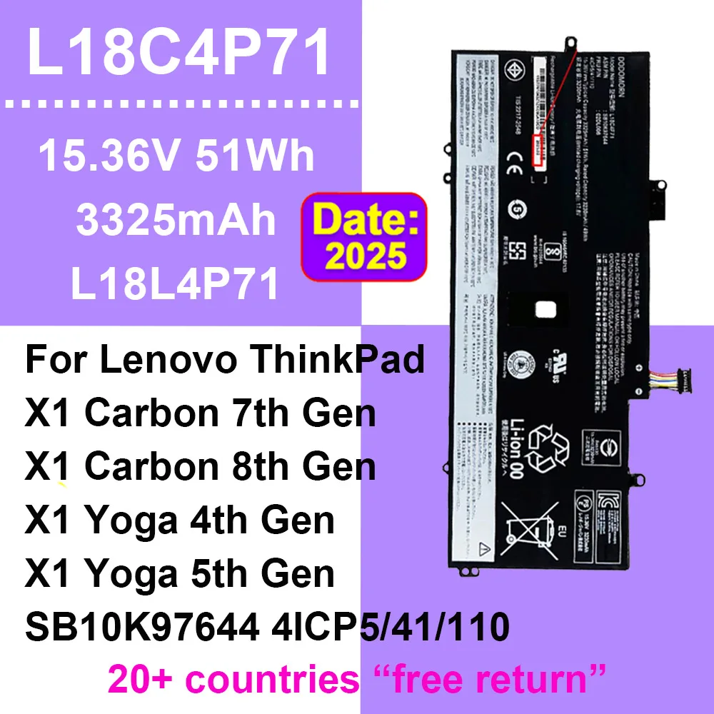 

15.36V 51Wh L18C4P71 L18L4P71 Laptop Battery For Lenovo ThinkPad X1 Carbon 7th/8th Gen,X1 Yoga 4th/5th Gen Series SB10K97644