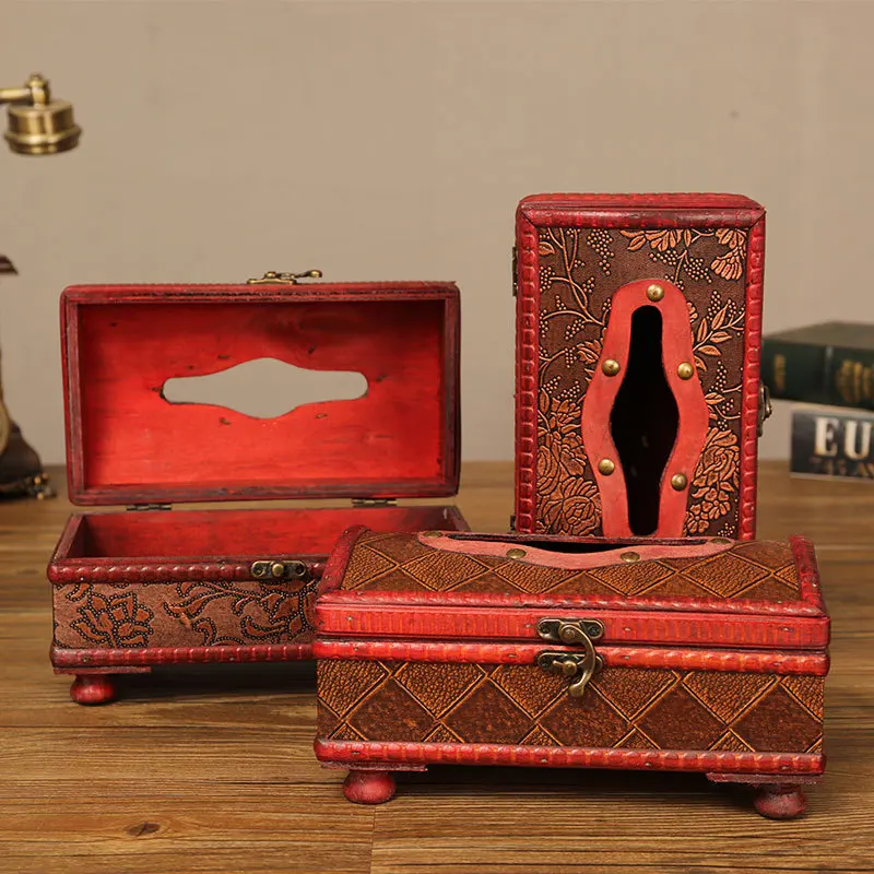 

Vintage European Style Wooden Tissue Box Handmade Leather Napkin Holder Creative Table Decor Gift