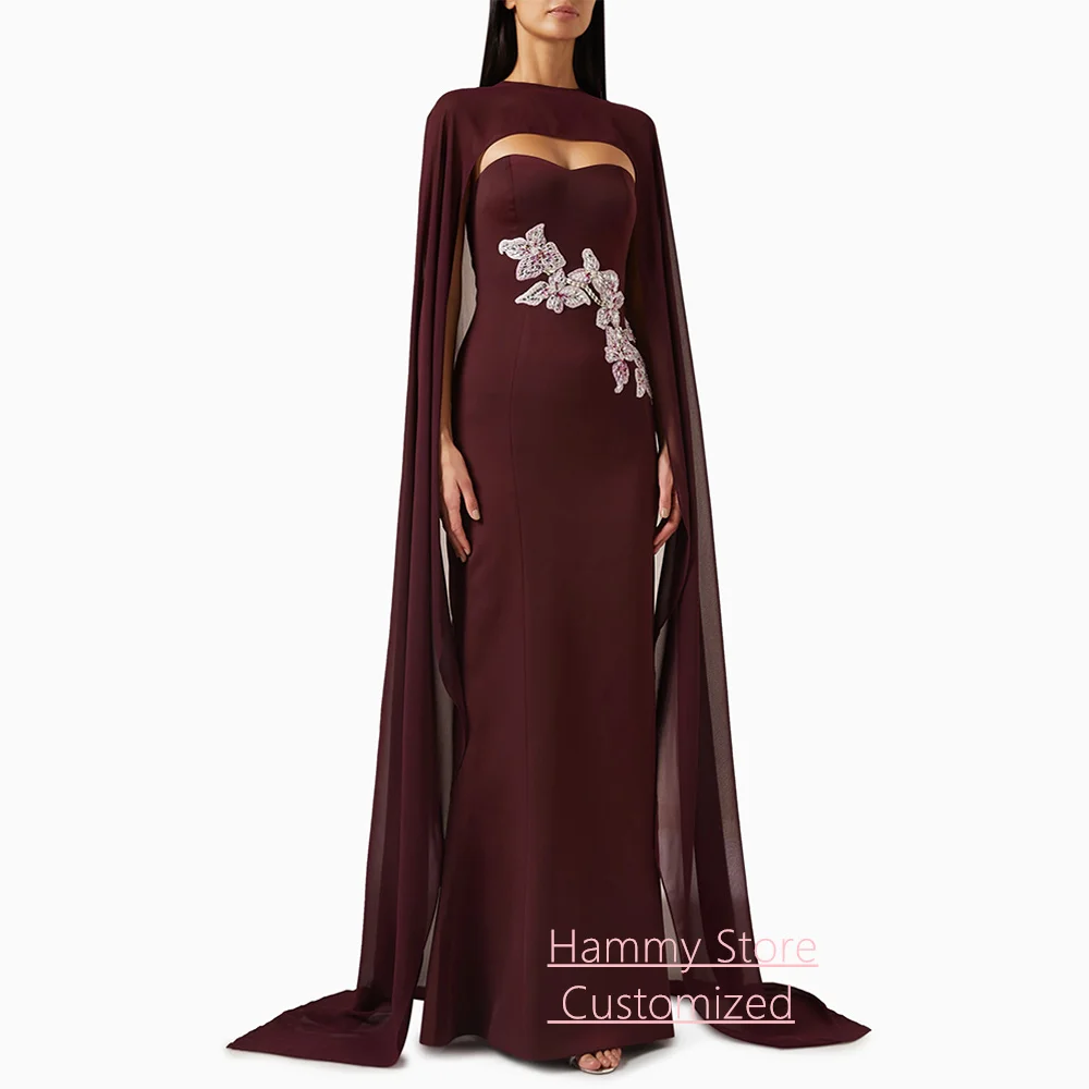 

Dark Burgundy Mermaid Evening Dress with Chiffon Cape Customized Strapless Sleeveless Beading Applique Arabian Party Gown