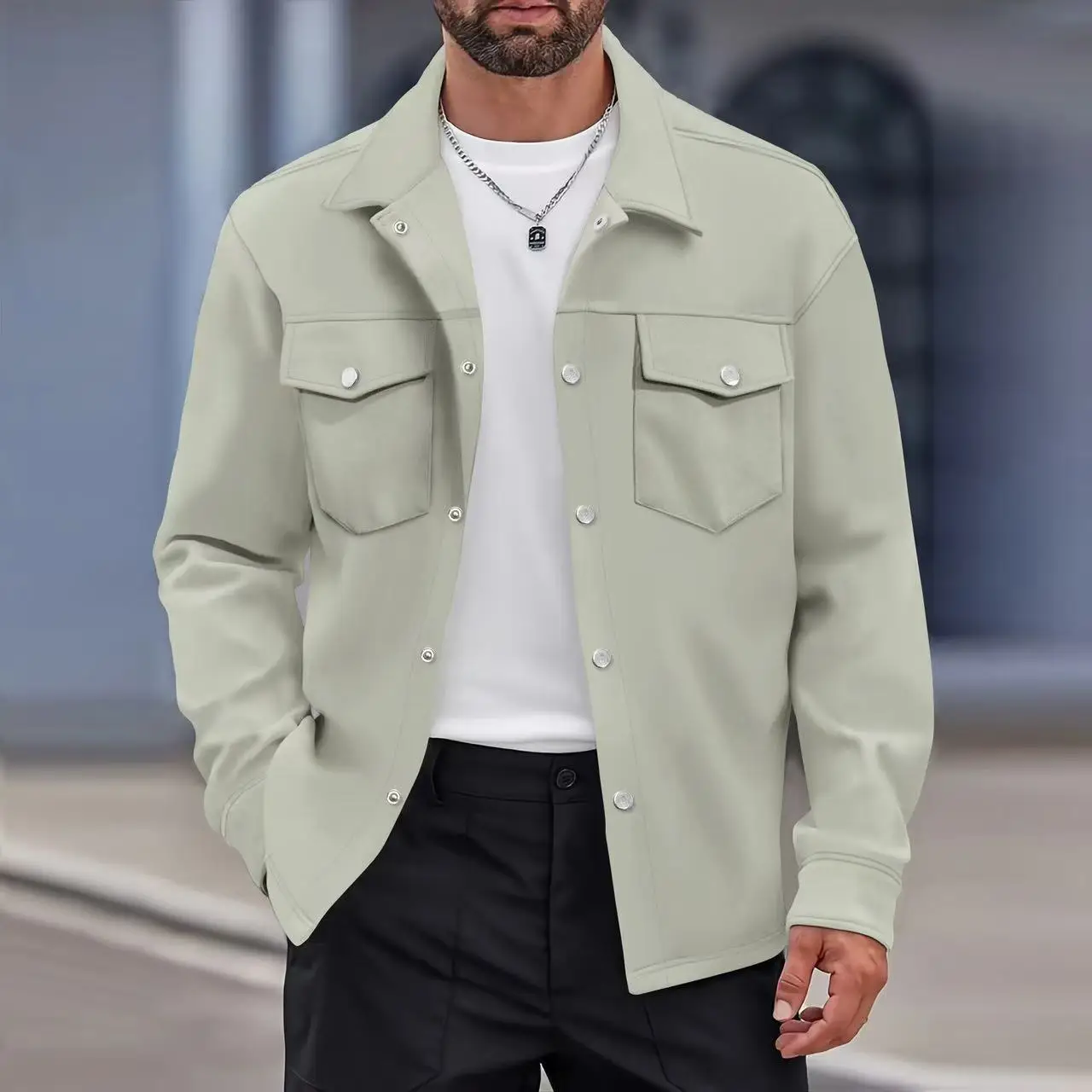 Men Button Down Trucker Jacket Lapel Collar Chest Pockets Soft Long Sleeve Casual Loose Shacket Outerwear Streetwear Coat