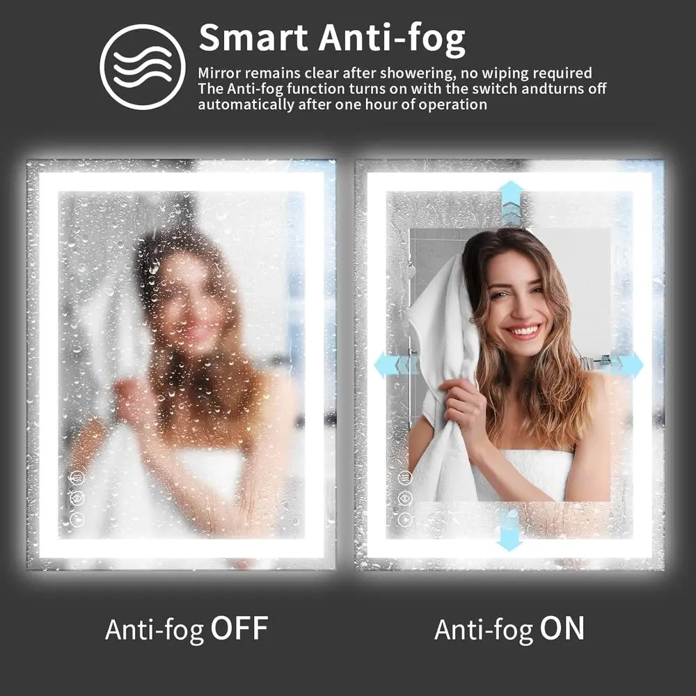 Miroir de salle de bain éclairé à 38 LED avec antibuée, 3 options de couleurs, variable, verre trempé