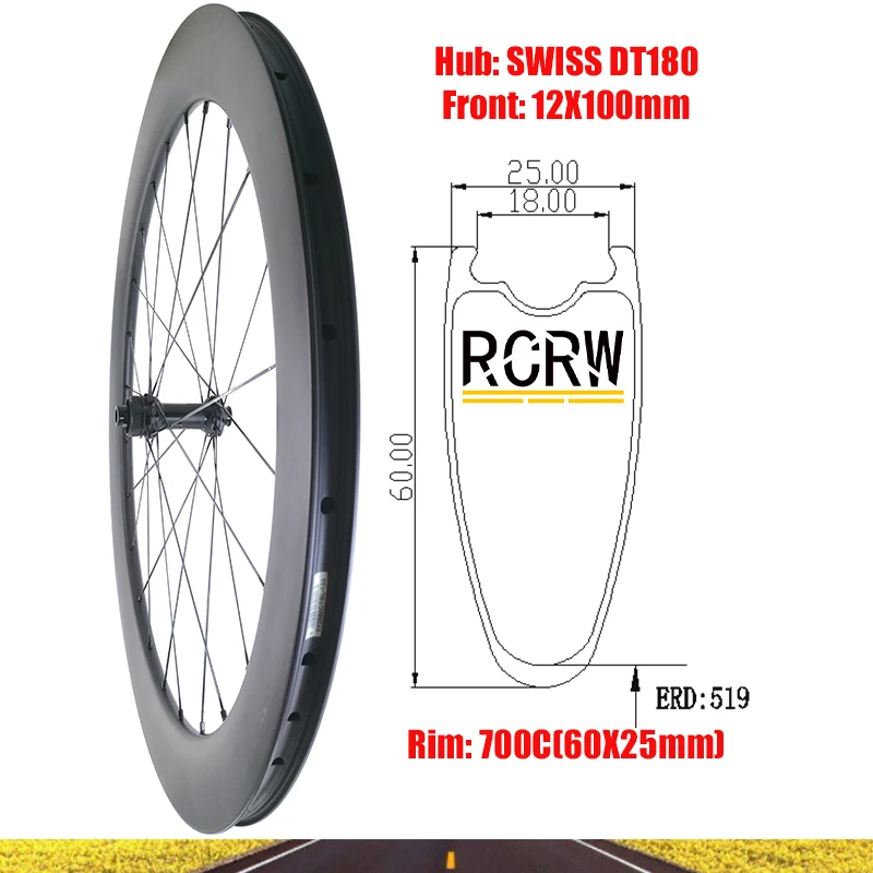 700C Road 60X25mm Front Carbon Wheel 24 Hole Rim Deep 60 Wide 25 SWISS DT180 Center Lock Hub Straight Pull Spoke From Belgium