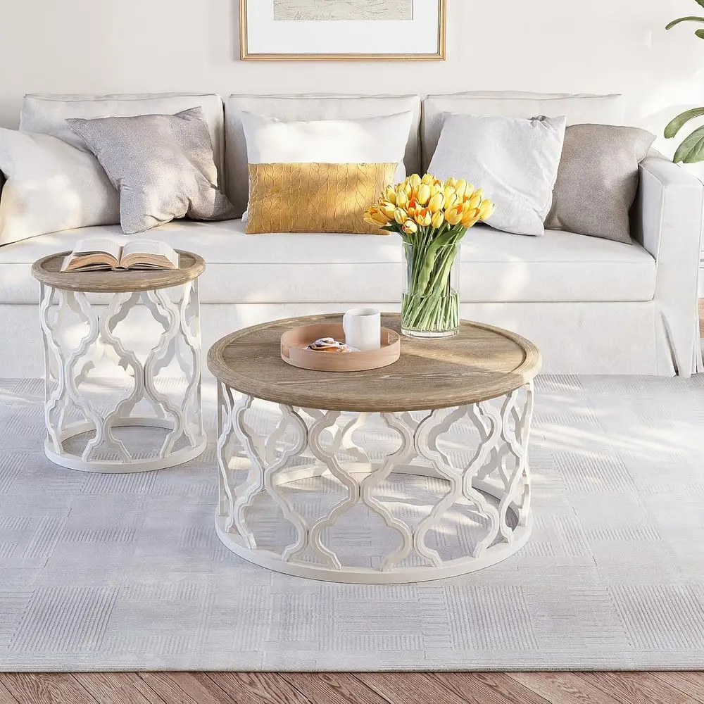 French Country-Style Distressed Round Coffee Table with Curved Frame Base for Boho Living and Dining Spaces