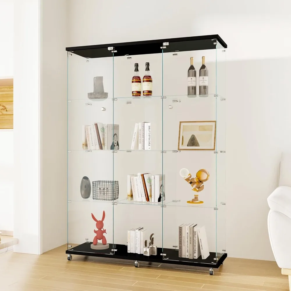 4-Shelf Extra Large Glass Display Cabinet with Double Doors,Floor Standing Collection Display Case with Lockable Casters & Lock