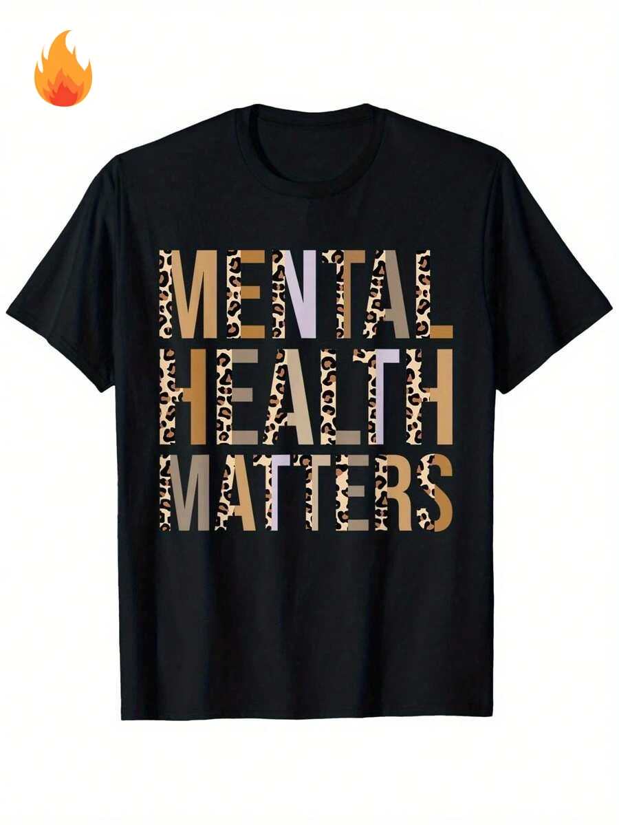 Vintage Leopard Print Alphabet T Shirt Women Casual O Neck Streetwear Tees Mental Health Matters Graphic Top Y2K Loose Clothing