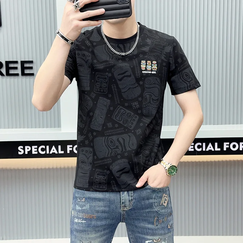 

Y2K Summer New Mens Vintage Cotton Black Short Sleeve T Shirt Fashion Embroidered Print O Collared Graphic T Shirts Men Techwear