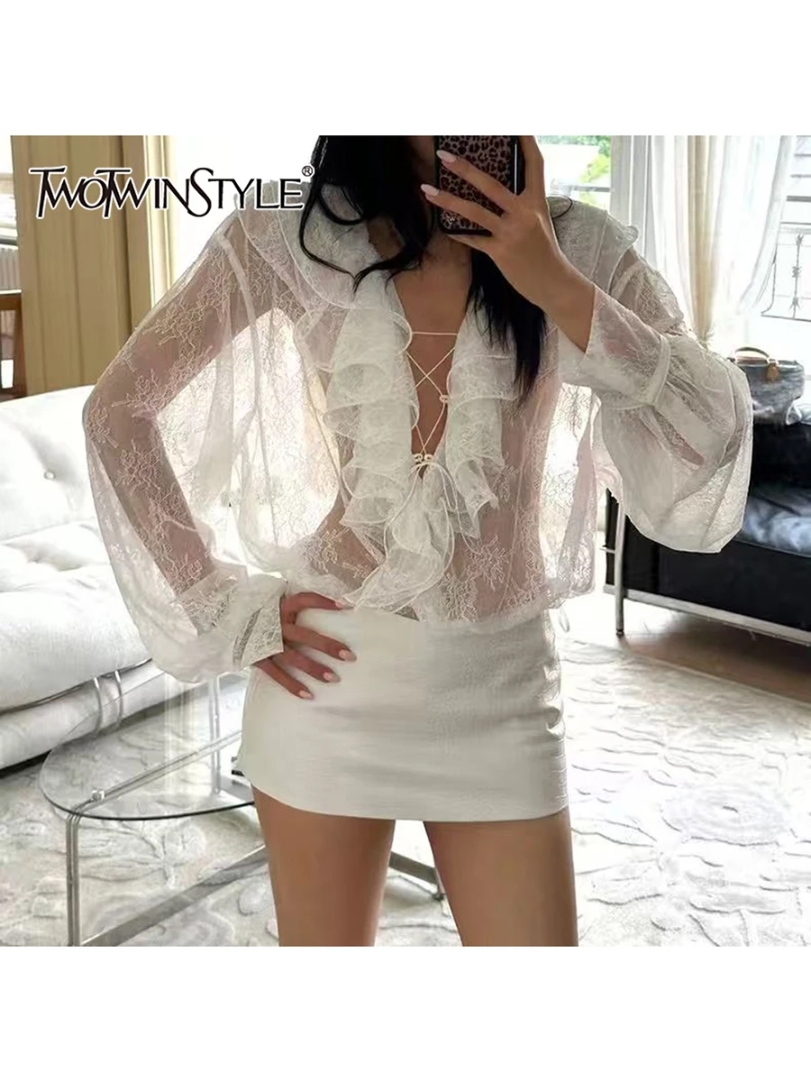 

TWOTWINSTYLE Solid Sexy Two Piece Sets for Women V Neck Long Sleeves Sheers Spliced Fungus Blouses Mini Skirt Elegant Set Female