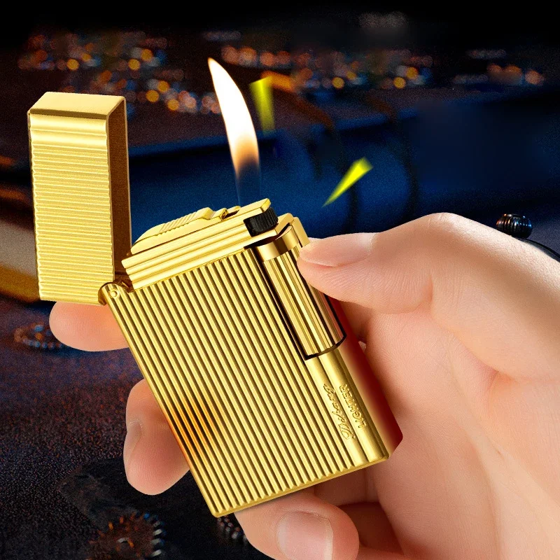 Langsheng Oblique Flame Open Flame Side Sliding Grinding Wheel Flint Metal Lighter New Inflatable Lighter HighEnd Gift Wholesale