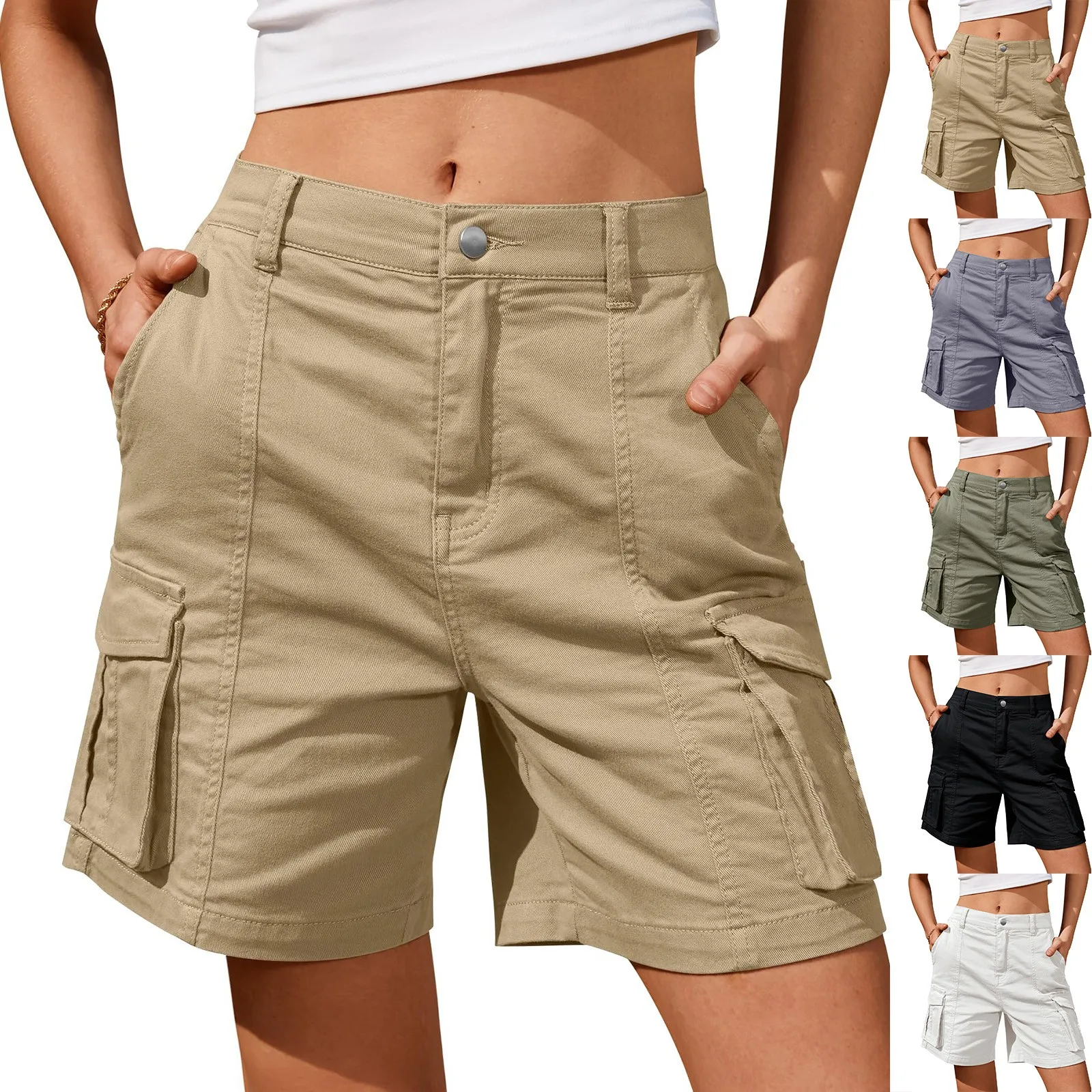 Bermuda Shorts For Women Cargo Shorts Knee Length 6 Pockets Elastic Waist Long Shorts For Summer Casual Ropa De Mujer Ofertas