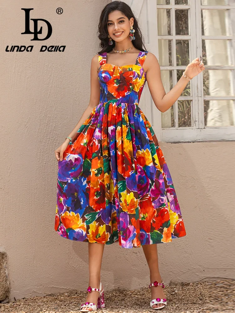 

LD LINDA DELLA Summer Runway Fashion Cotton Dress Women's Vacation Floral Print Sexy Spaghetti Strap Midi Dress