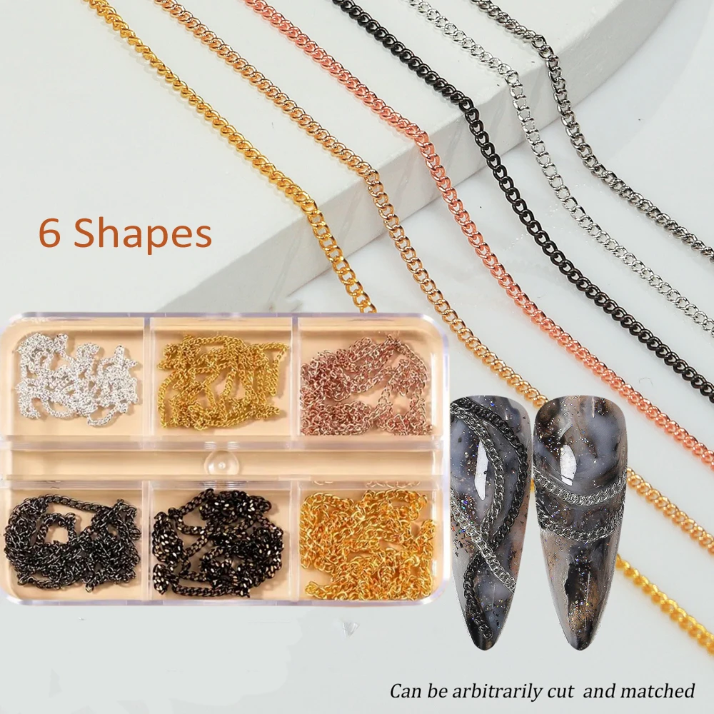 6 Grids Multi-Color Metal Chain Nail Charms Gold Silver Black Mini Link Chain Nail Studs Punk 3D Alloy Chain Nail Art Jewelry