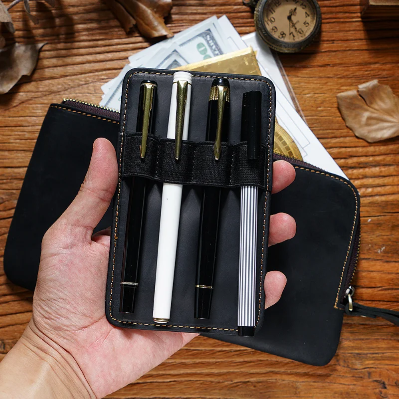 Crazy Horse Leather Wallets for Men Large Capacity Long Clutch Wallet with 4 Pen Slot Male Purse Phone Pocket Leather Pencil Box