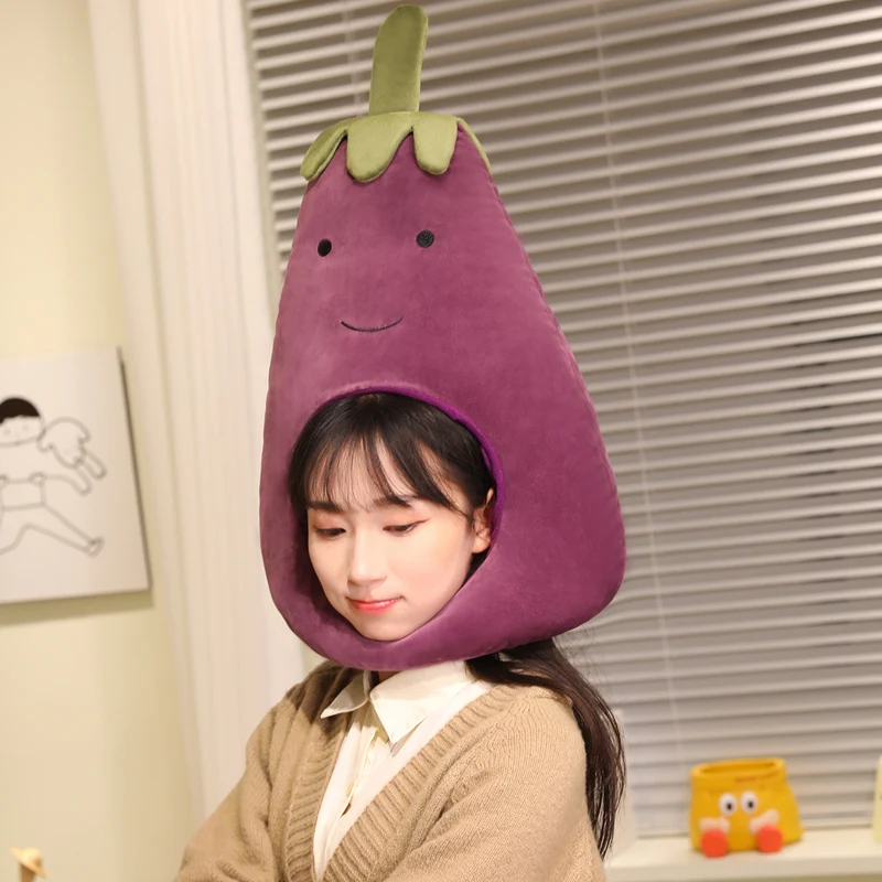 Realistic Funny Eggplant Plush Head Mask Soft Fluffy Head Cover Halloween Cosplay Prank Prop Carnival Party Costume Headgear