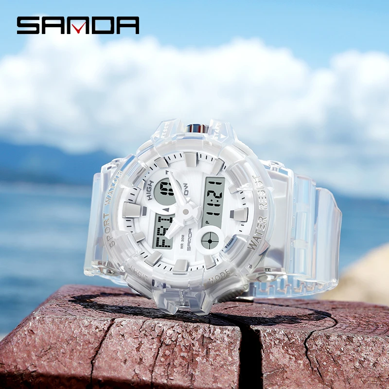 SANDA Fashion Transparent Sport Mens Watch Casual Military Quartz Wristwatch Waterproof Student Clock relogio masculino 3100