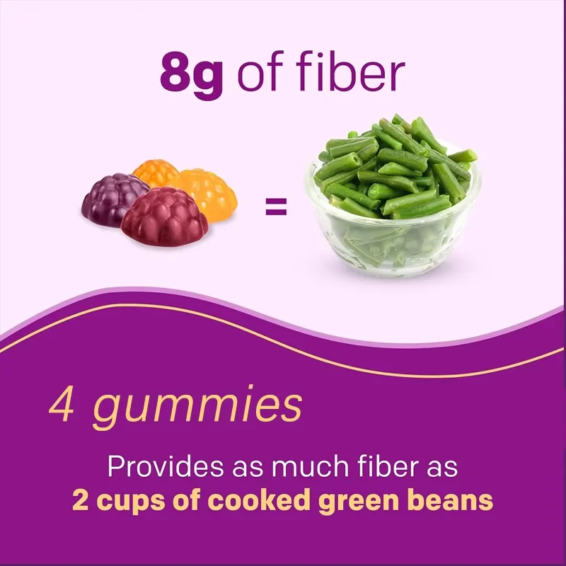 8 gramsofdaily prebiotic fiber containing B vitamins, supporting digestive health and metabolism,60 fruit flavored fiber gummies