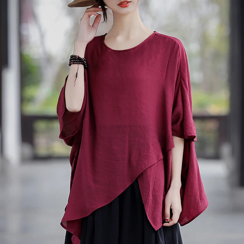 Johnature Women Cotton Linen T-shirts Irregular O-Neck Three Quarter Sleeve Solid Color Tees 2024 Summer Loose Simple T-shirts