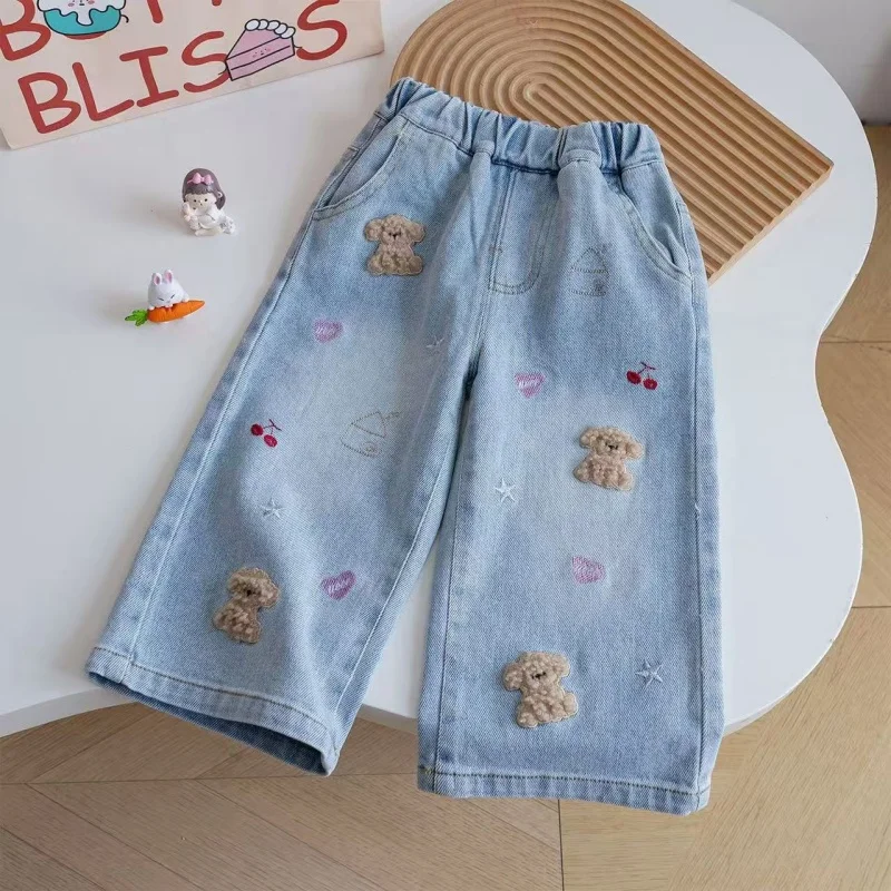 Girls' Spring and Autumn Jeans New Sweet Patchwork Embroidered Small Dog Versatile Wide Leg Pants90-140cm