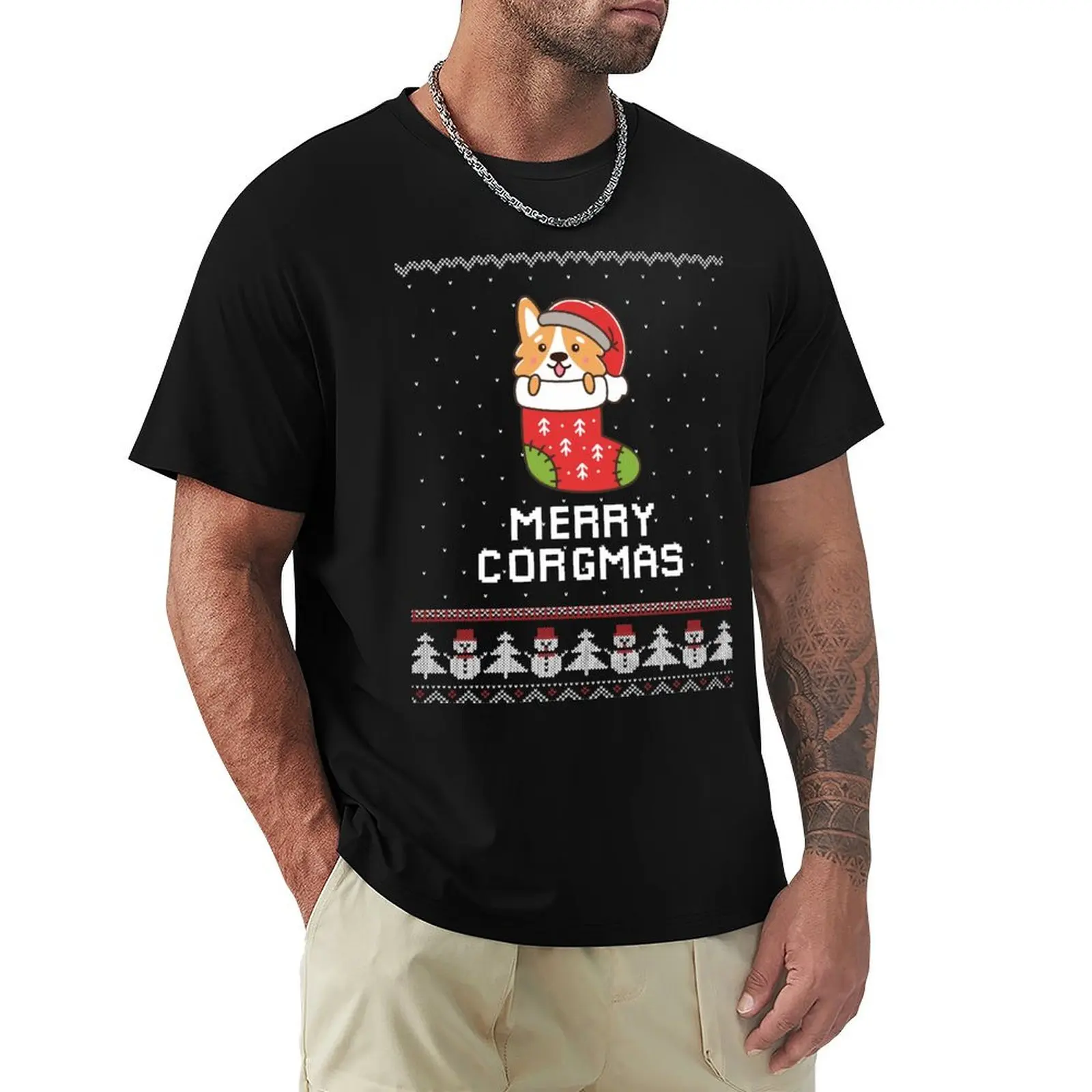 Welsh Corgi Dog Christmas Sweater T-Shirt Basic Simple Casual Short Sleeve Tee
