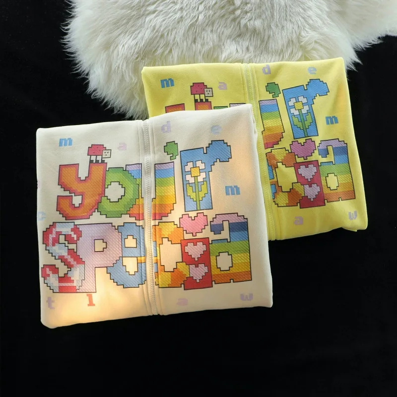 Korean version of color printed letter cardigan jacket women's autumn and winter 2024 retro loose niche design hooded sweater