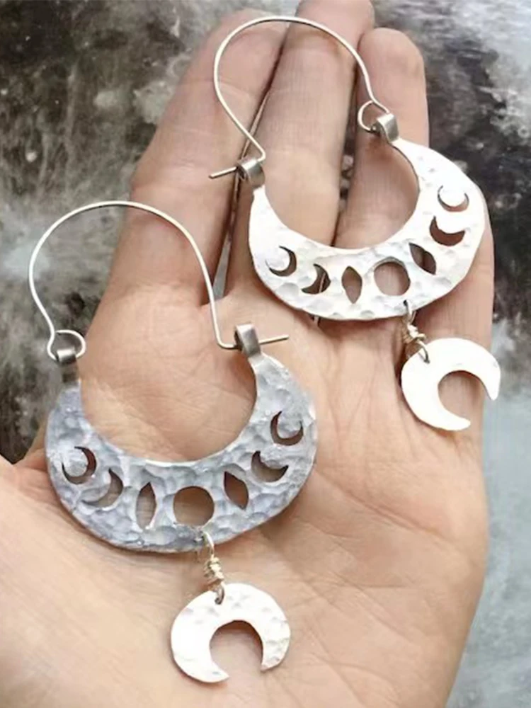 moon phase earrings, lunar phase hoop earrings, tribal moon phase earrings