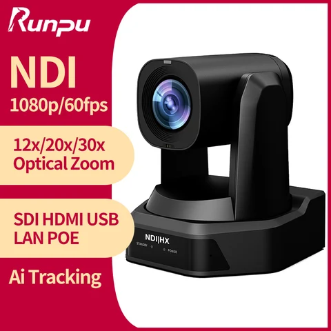 Câmera de Vídeo PTZ para Conferência NDI Runpu 1080P/60fps com Zoom de 12/20/30x, Rastreamento Automático por IA, Saídas SDI, HDMI e USB, Suporte a POE