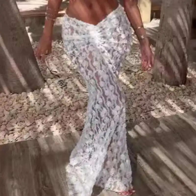 Ensemble 2 pièces en dentelle blanche pour femmes, haut court sans manches avec jupes longues, tenues d'été, épaules dénudées, costume sirène Slim, vêtements de plage