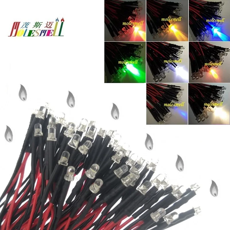 10szt 3mm Migoczące 3V DC Wstępnie okablowane diody LED świec wodnych Czerwony Żółty Niebieski Zielony Biały Pomarańczowy Fioletowy Ciepły Biały Migotanie