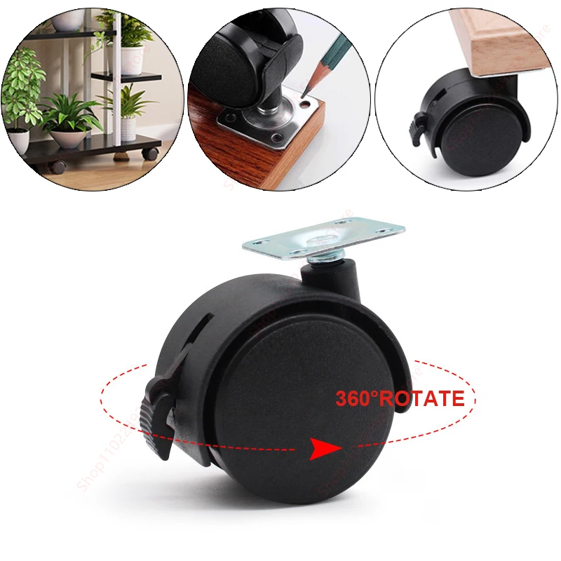 4pcs Nylon Mute swivel Plate Caster 1.5in With Brake Universal Wheels 360° Roller Pulley for Crib chair bedside table flower pot