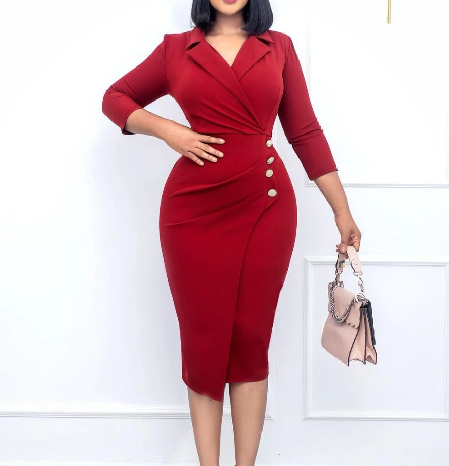 

Women's New Hot Selling Fashion 2023 Spot Long Sleeve Tight Professional Office Pencil Skirt Dress Side Button