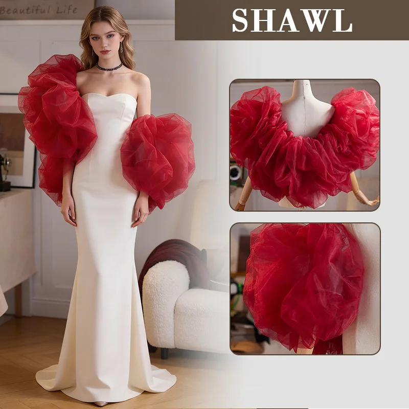 Pink Ruffle Prom Evening Dress Shawl Wrap with Hand Sleeves High-End Performance Cosplay DIY Accessory Handmade Wrap