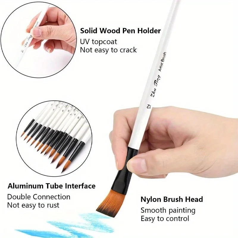 12Pcs/set Multi-shape Nylon Paint Brushes Set, Round & Flat & Liner Artist Paintbrushes for Watercolor Acrylic Oil Painting