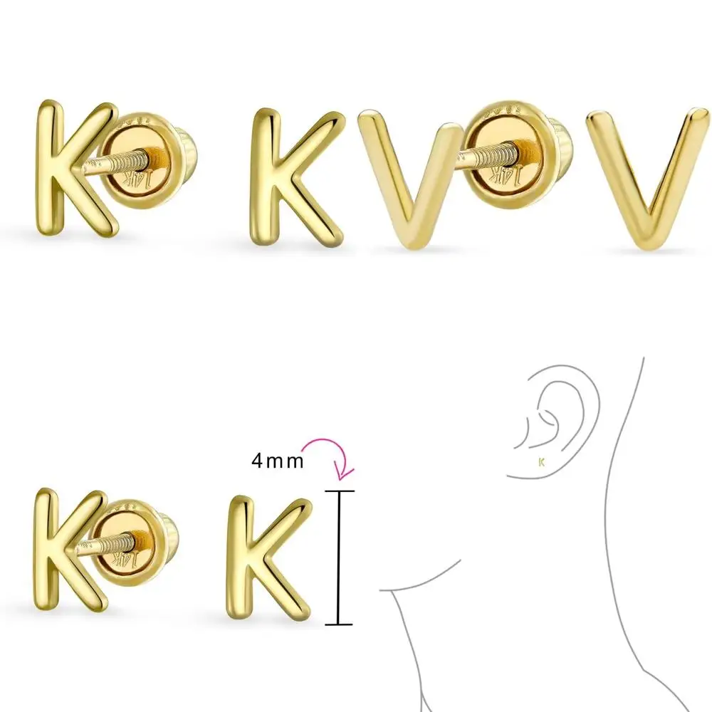 

Minimalist Yellow Gold Alphabet Block Initial Stud Earrings with Safety Back for Women and Teens