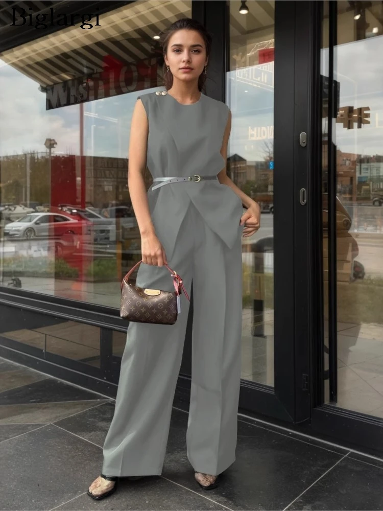 

Summer 2 Two Piece Set Women Split Elegant Fashion Ladies Blouses Wide Leg Loose Woman High Waist Long Pant