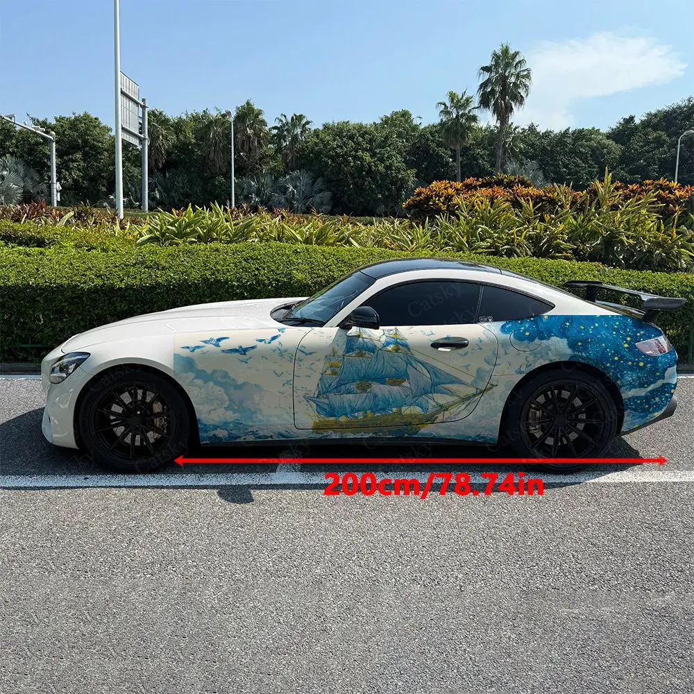 2pcs Waves Sailing Scattered Star Birds Car Side Wraps, Self-Adhesive PVC Waterproof & Scratch-Resistant Stickers, Car Accessory